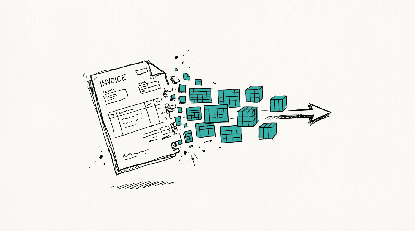 Hand-drawn sketch: an invoice turning into structured data blocks