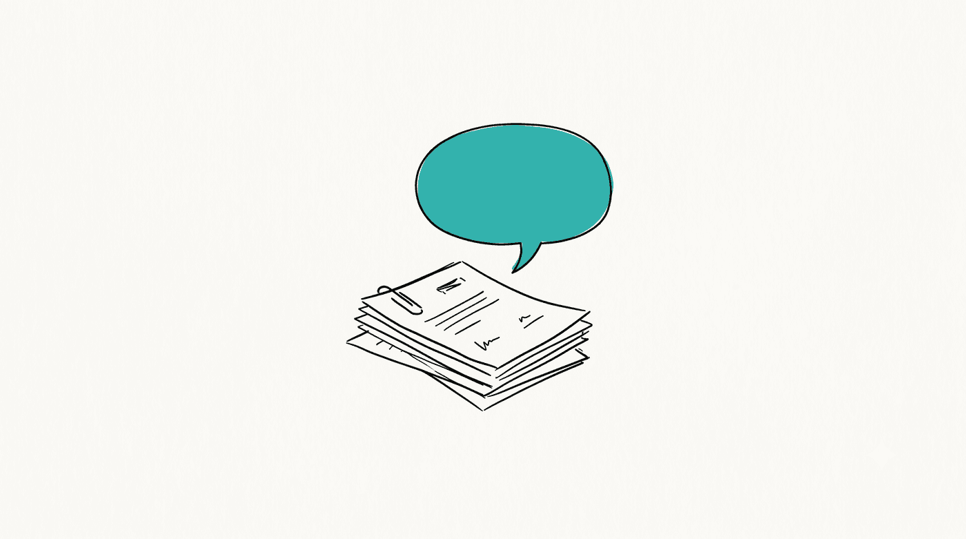 Sketch: a speech bubble rising from a stack of documents