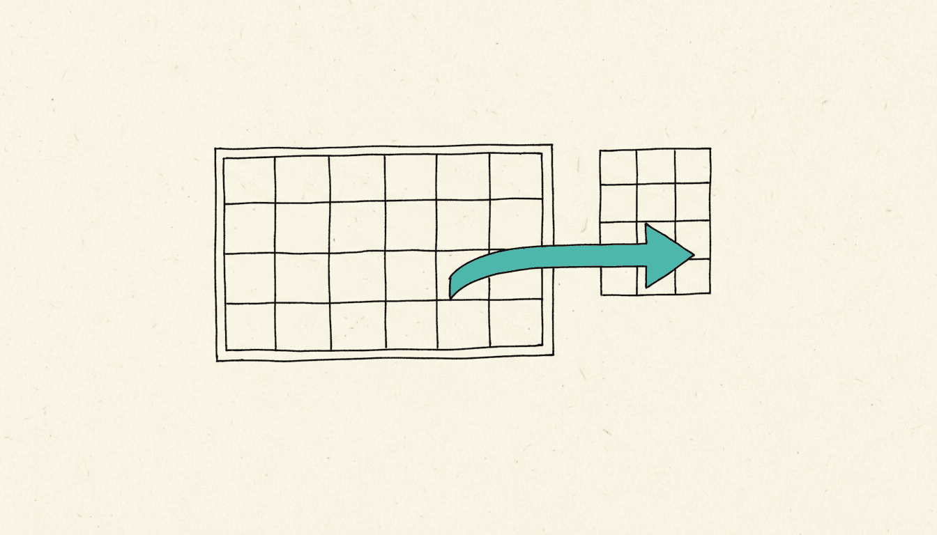 Croquis dessiné à la main : un calendrier sous forme de grille de cases vides, avec une flèche turquoise partant d'une case et traversant le bord vers une seconde grille plus petite à côté.