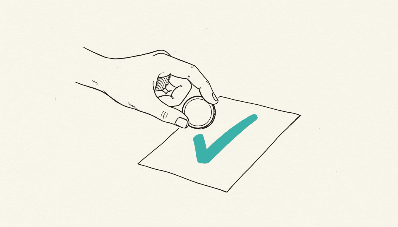 Hand-drawn sketch: a hand places a coin on a document with a checkmark