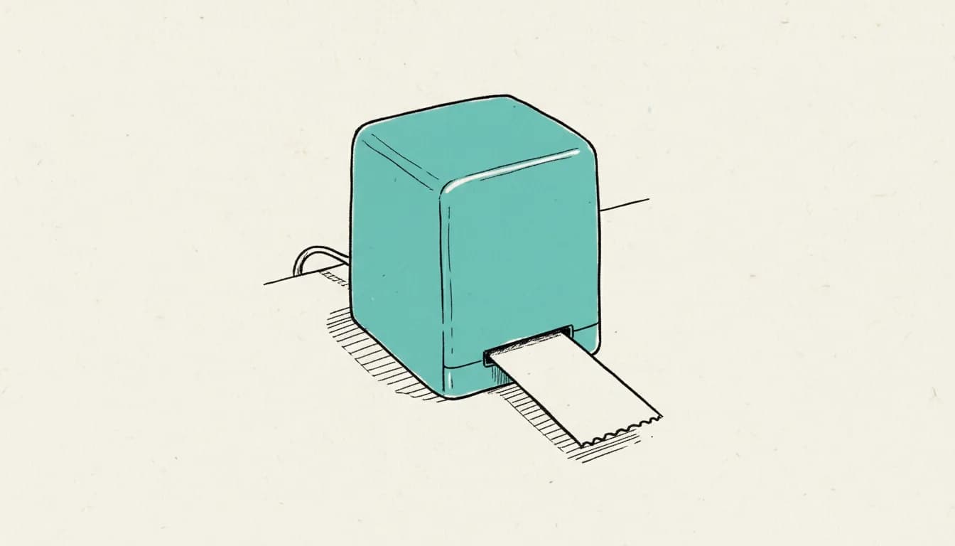 Croquis dessiné à la main : un distributeur de tickets avec un ticket dans la fente