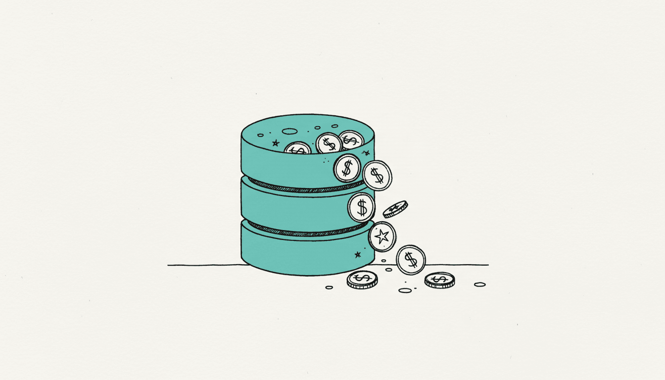 Hand-drawn sketch: coins spill out of a database cylinder