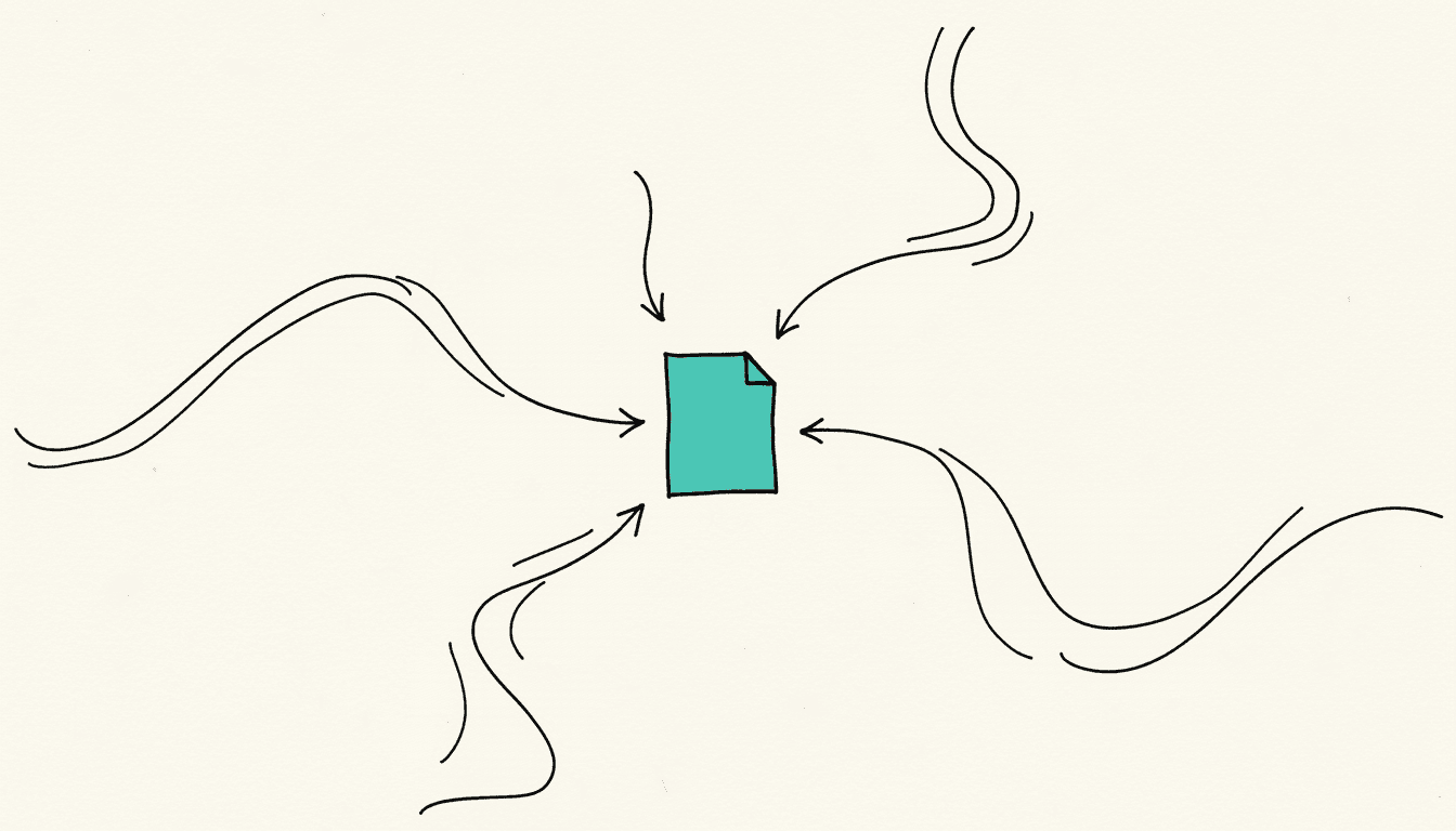 Hand-drawn sketch: Several paths leading to one central document