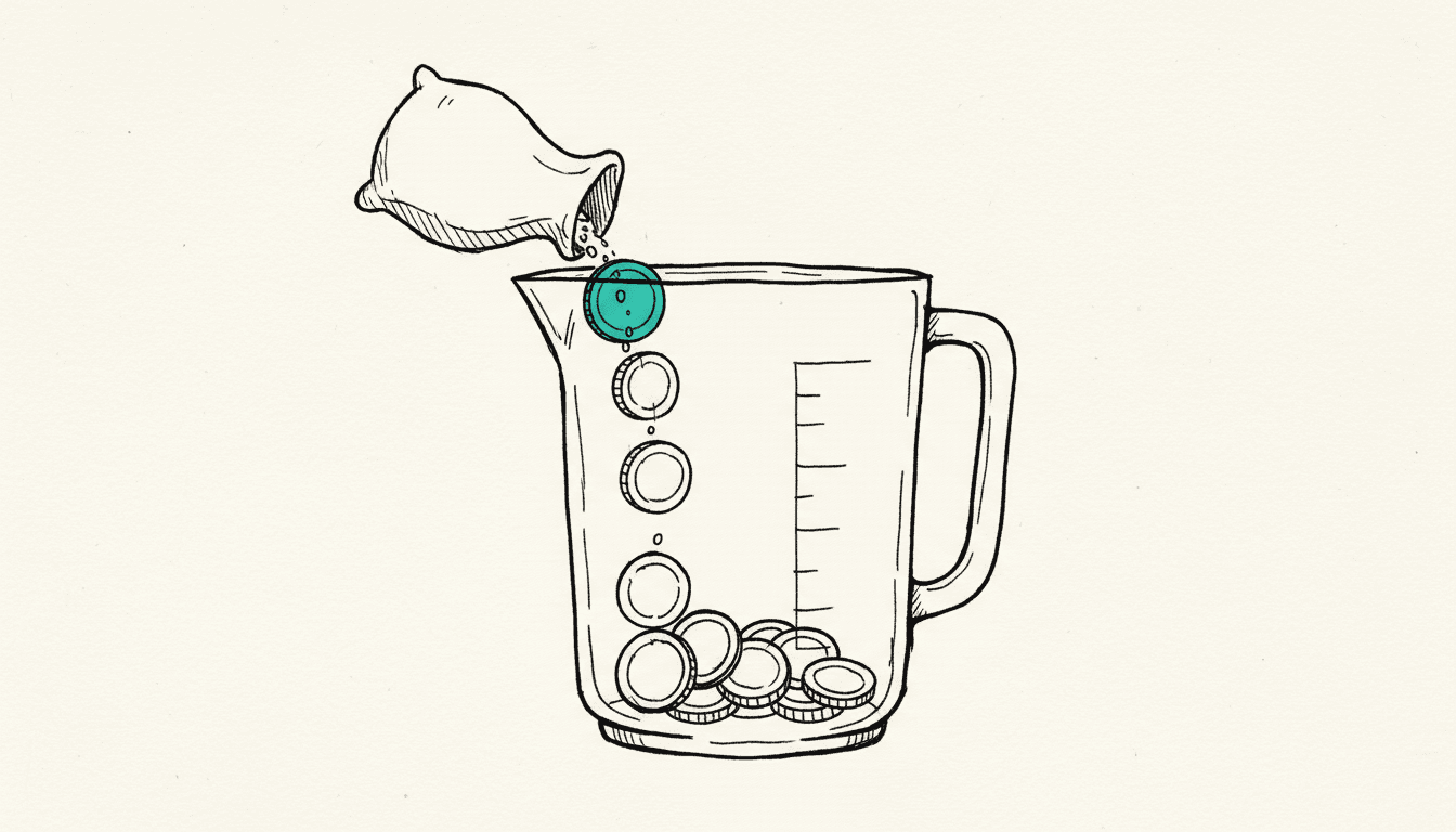 Croquis dessiné à la main : un pichet gradué rempli de pièces depuis un petit sac, une ligne de niveau marquée, la pièce du dessus est remplie de turquoise.