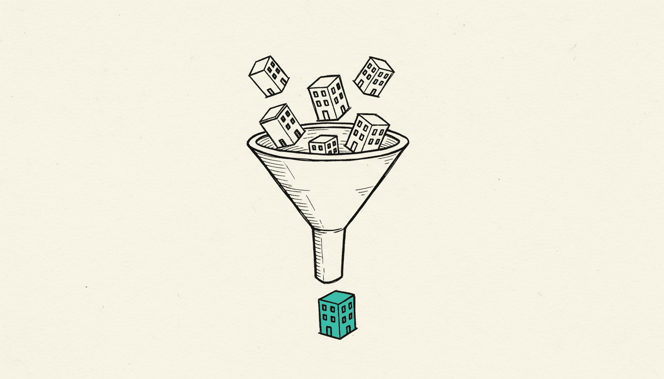 Hand-drawn sketch: Several small company buildings slide into a funnel from above, a single building comes out at the bottom, filled in teal.