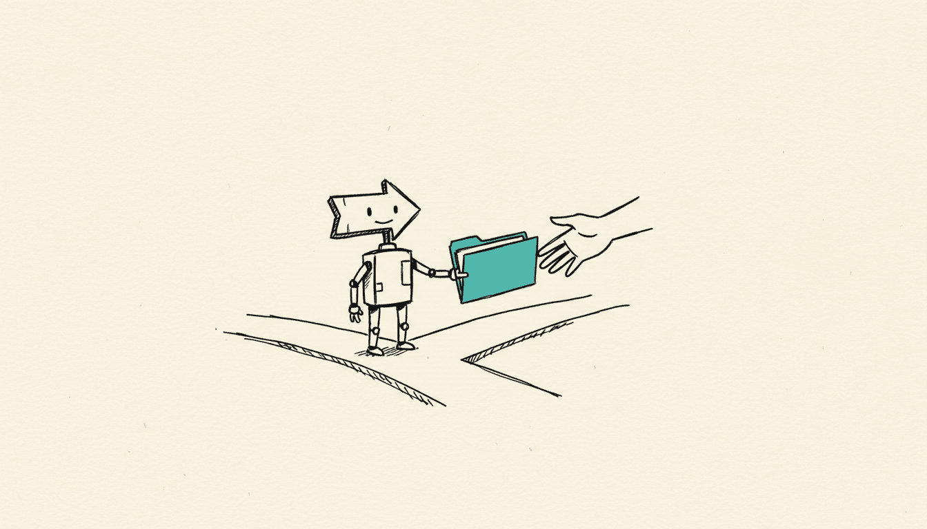 Croquis dessiné à la main : une flèche robotique s'arrête à une bifurcation et tend un dossier à une main