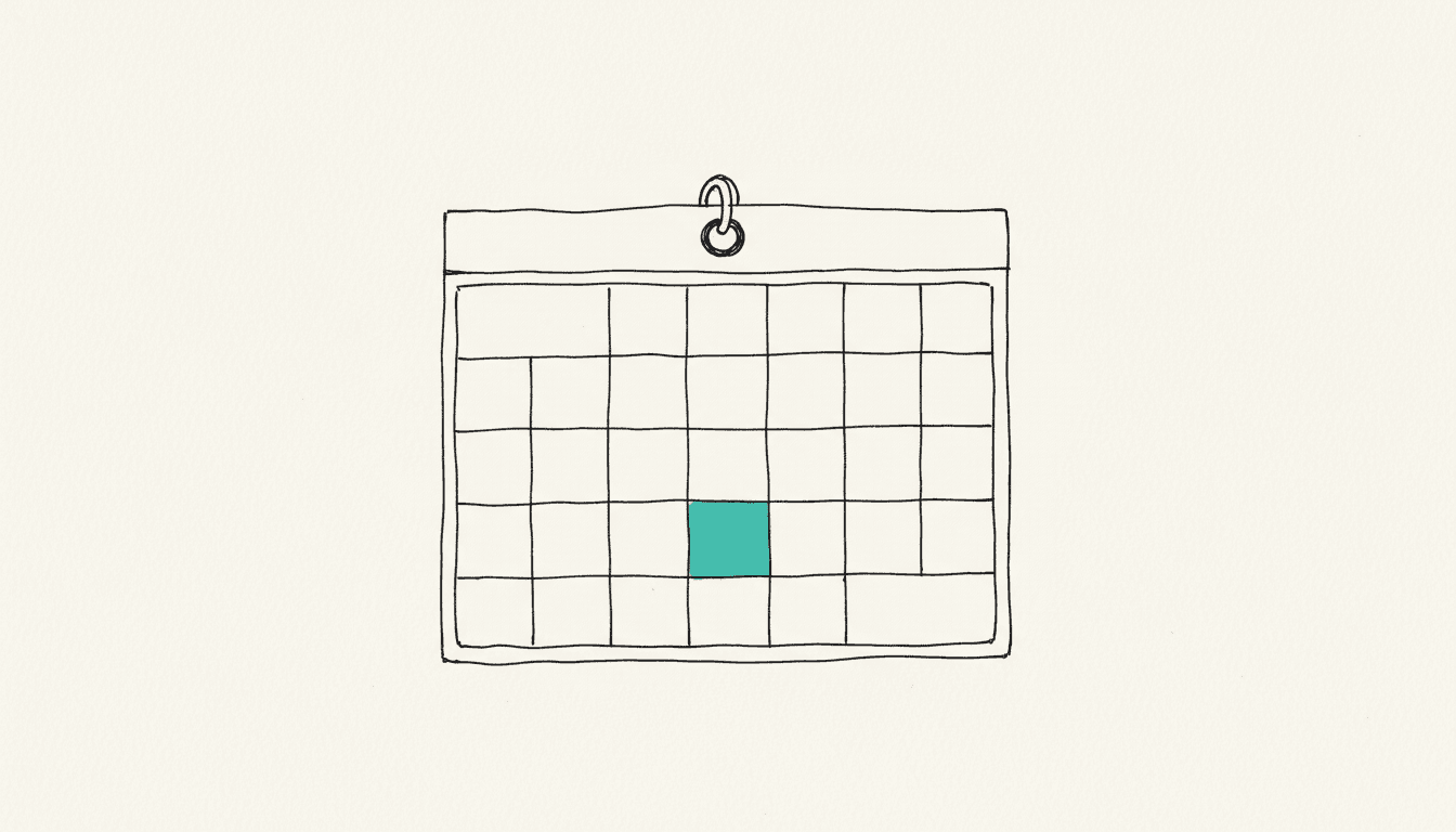 Handgezeichnete Skizze: ein Wandkalender als leeres Kästchenraster, ein einzelnes Tageskästchen ist teal ausgefüllt und markiert eine wichtige Frist.