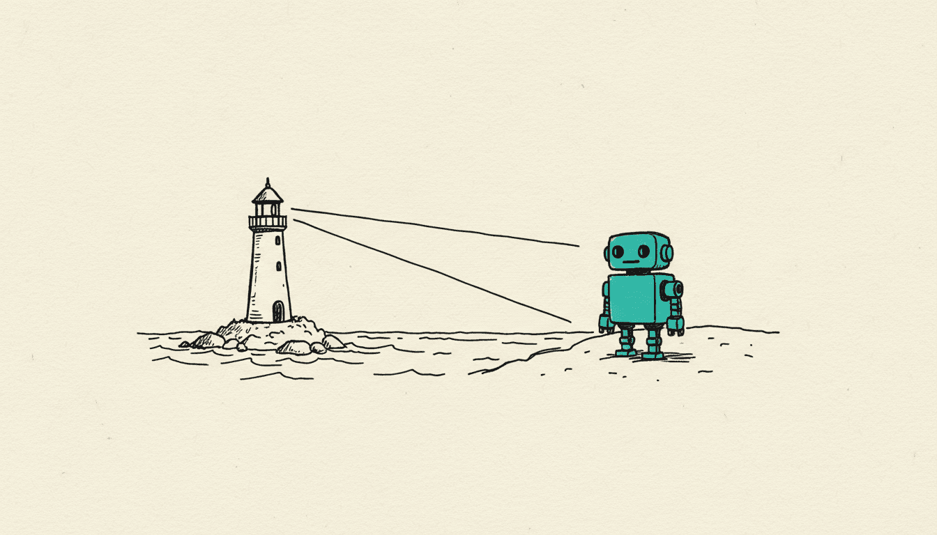 Handgezeichnete Skizze: Ein kleiner Leuchtturm am Wasser richtet seinen Lichtkegel auf einen kleinen Roboter am Ufer, der Roboter ist türkis gefüllt.