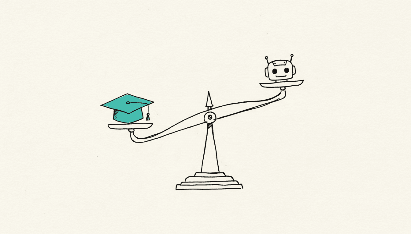 Croquis dessiné à la main : une balance avec une toque de diplômé sur un plateau et une petite tête de robot sur l'autre, la toque est remplie de turquoise.