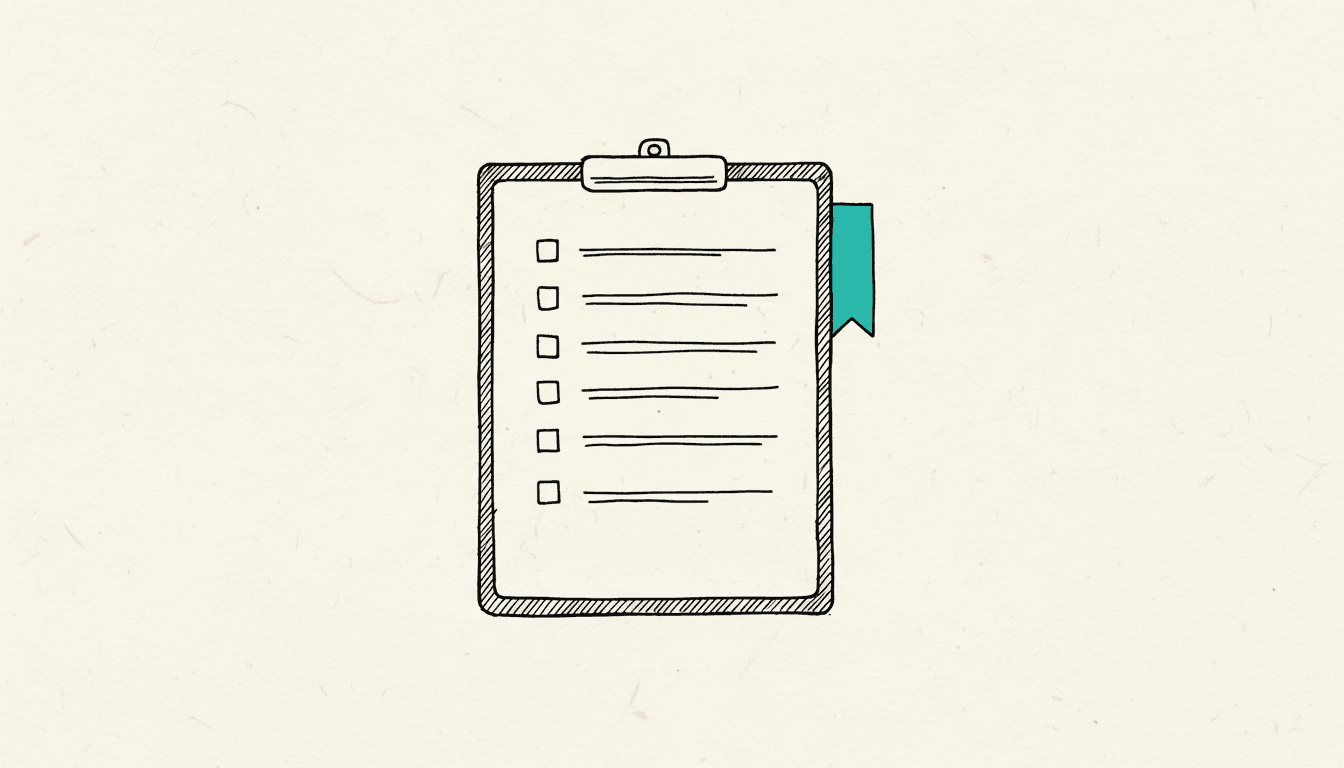 Hand-drawn sketch: a clipboard checklist with a single bookmark tab