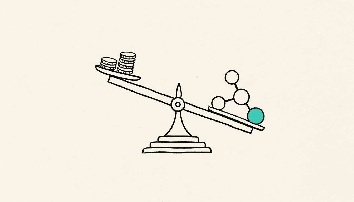 Hand-drawn sketch: a stack of coins on a scale opposite connected workflow nodes