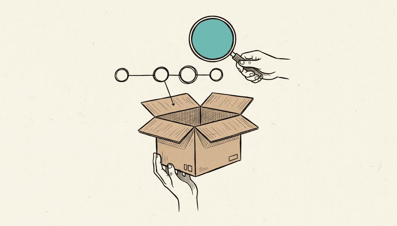 Hand-drawn sketch: a hand lifts a parcel toward a chain of three connected workflow nodes, with a magnifying glass with a teal lens inspecting the parcel.