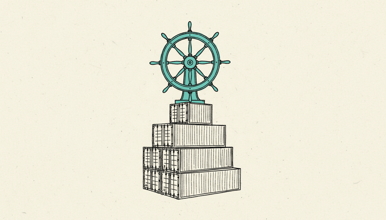 Hand-drawn sketch: a ship's helm wheel above a stack of shipping containers