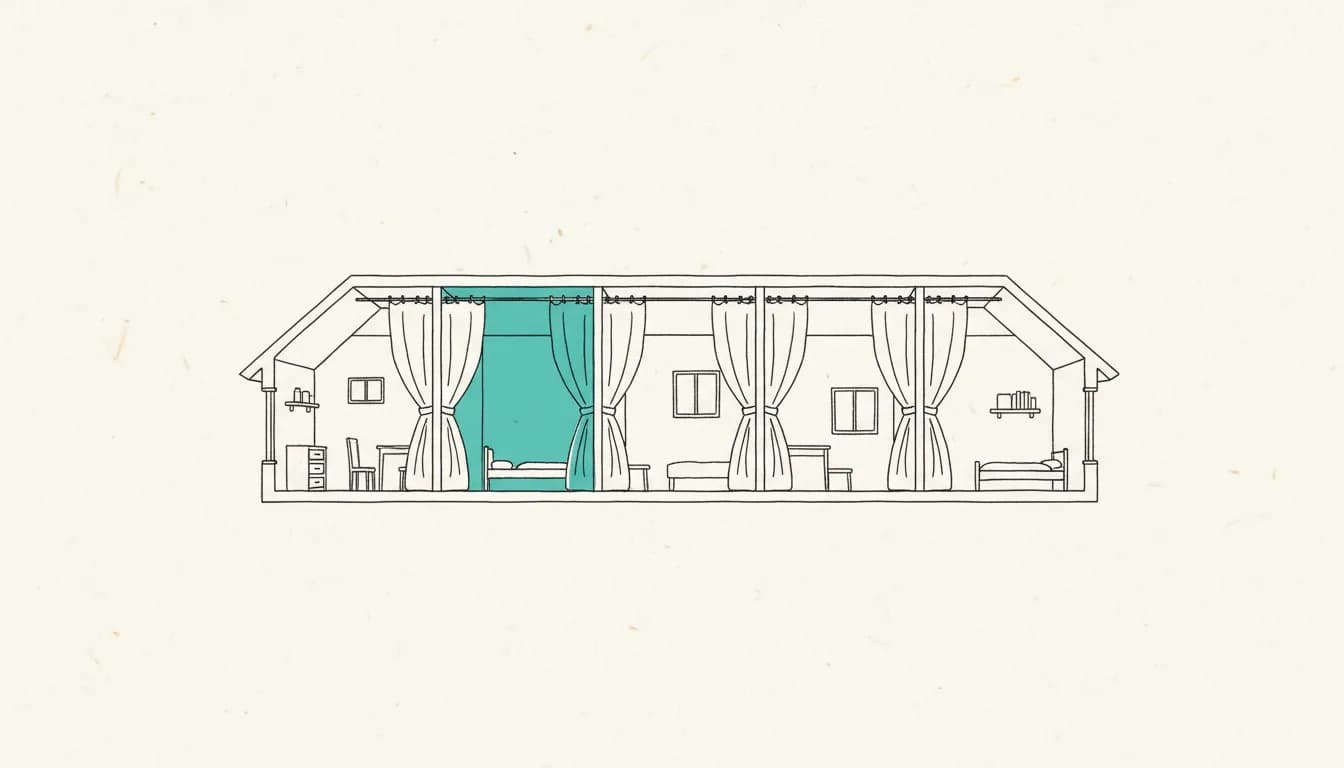 Boceto dibujado a mano: una casa con varias habitaciones divididas por cortinas, una cortina en turquesa