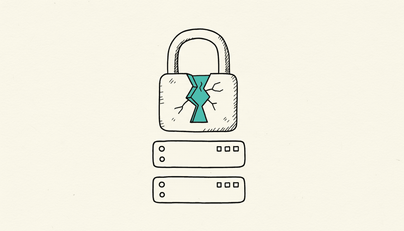 Hand-drawn sketch: a cracked padlock sitting on top of a server rack