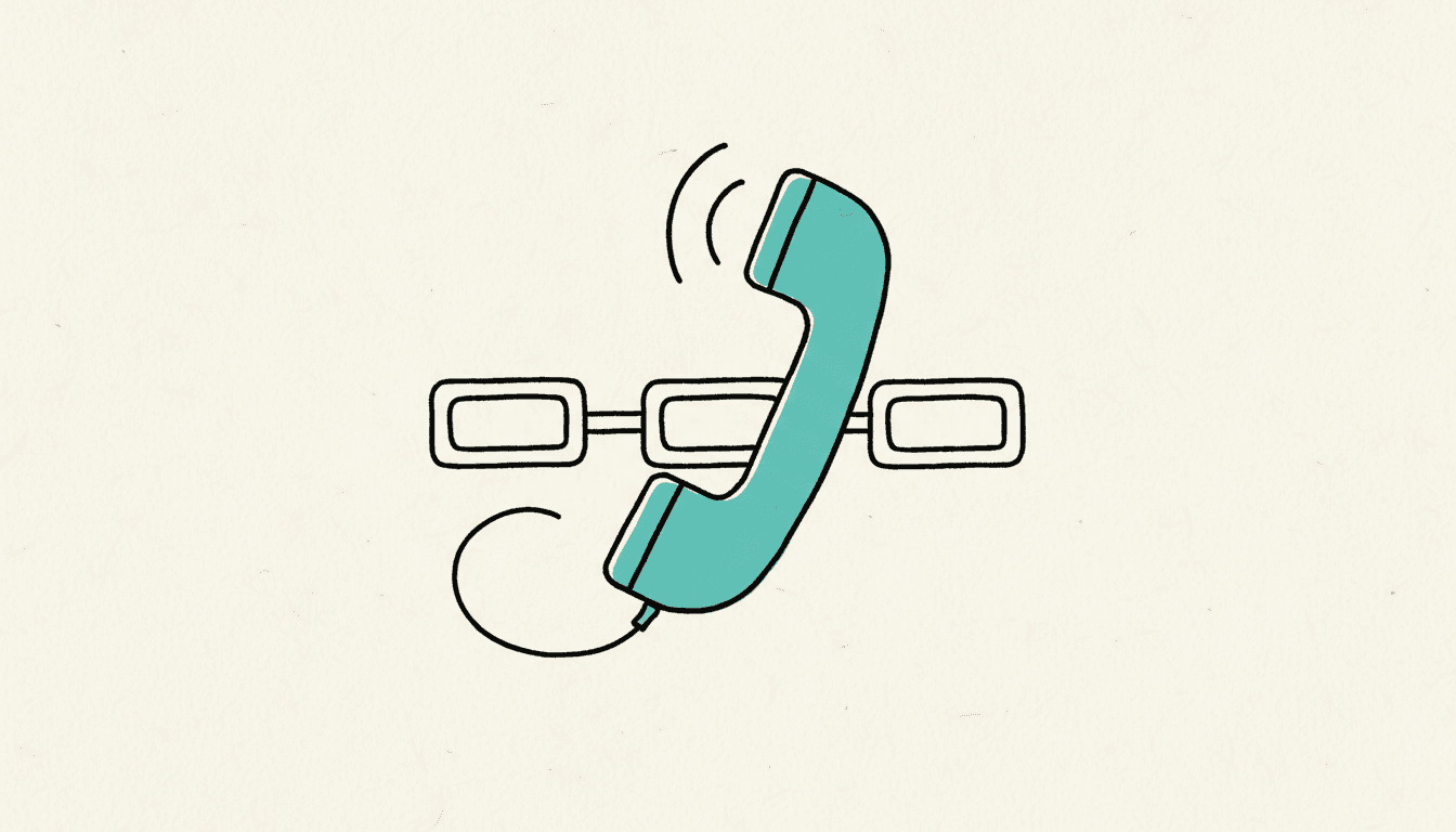 Handgezeichnete Skizze: Ein türkis ausgefüllter Telefonhörer mit Schallwellen, der über ein Kabel mit einer Kette aus drei Workflow-Knoten dahinter verbunden ist.