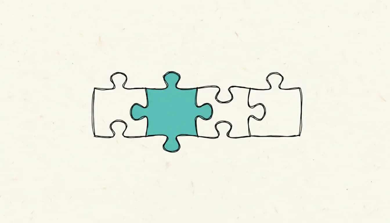 Handgezeichnete Skizze: vier lose verbundene Puzzleteile in einer Reihe