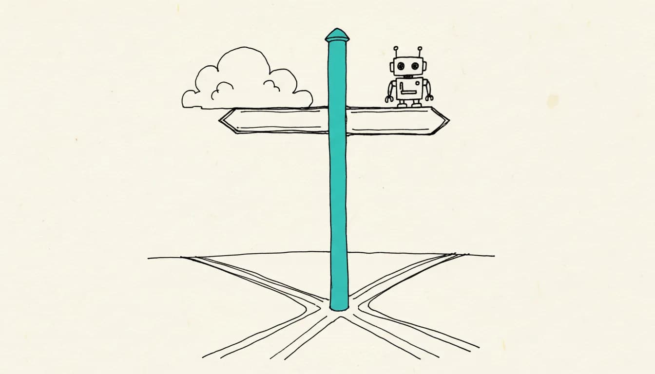 Hand-drawn sketch: a signpost at a fork in the path, one branch leading to a cloud, the other to a small robot