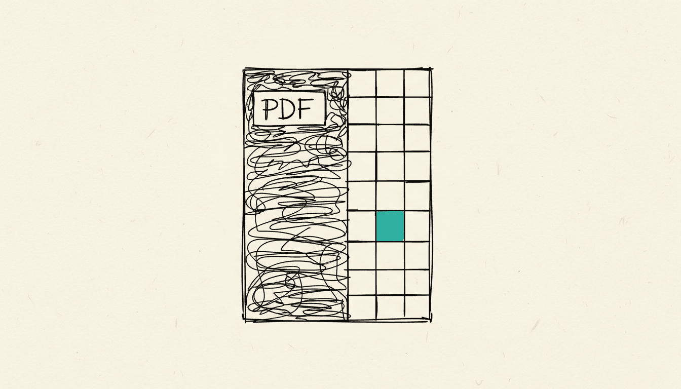 Boceto dibujado a mano: una página PDF se transforma en una cuadrícula de datos estructurada, con una casilla coloreada en verde azulado