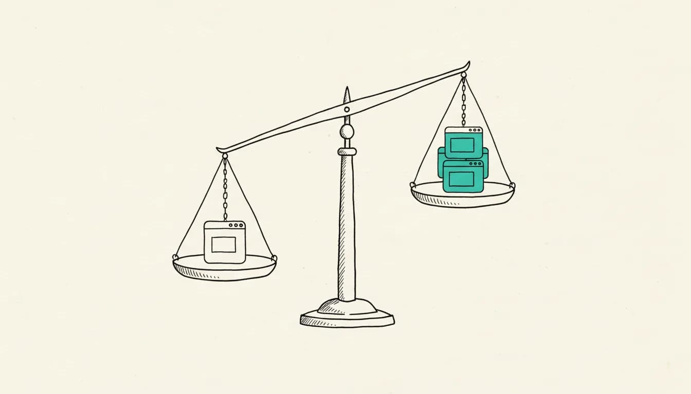 Hand-drawn sketch: a scale balancing one app window against a stack of three app windows in teal
