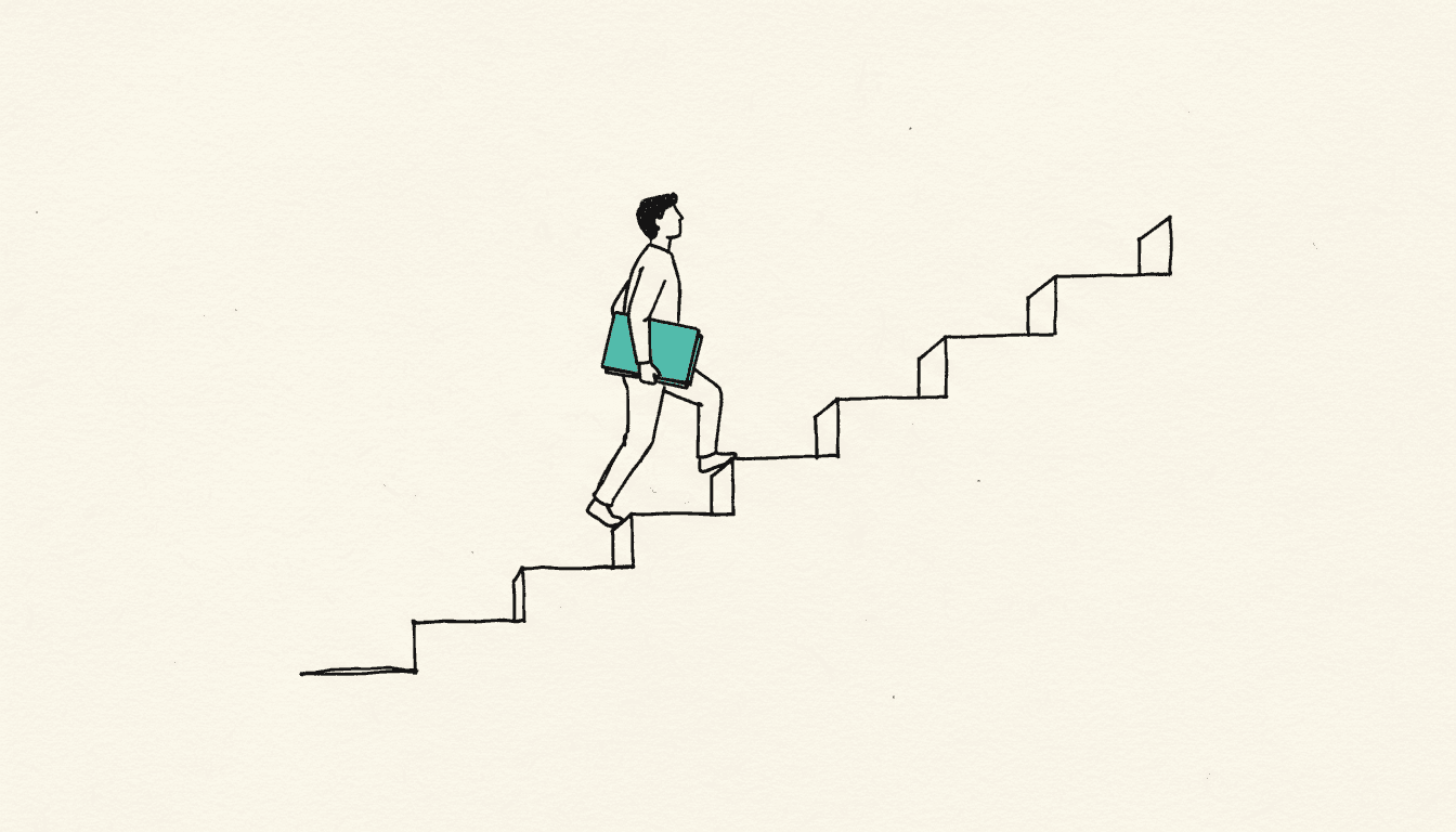 Hand-drawn sketch: A person climbs a staircase with growing steps, carrying an open book under one arm, the book filled in teal.