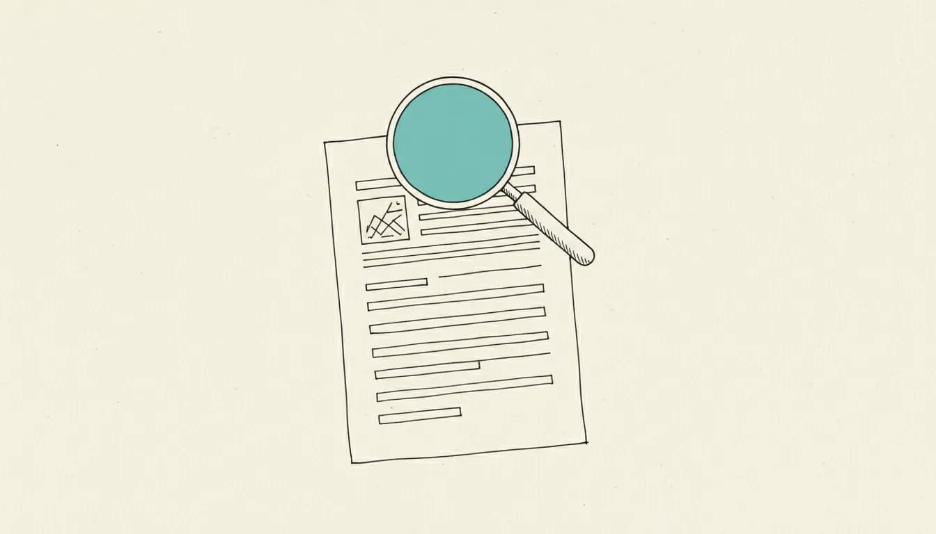 Hand-drawn sketch: a report page with a magnifying glass held above it