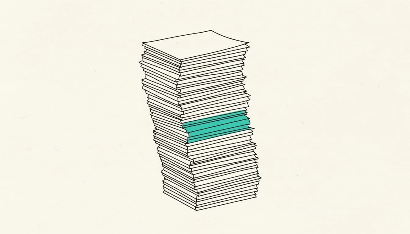 Hand-drawn sketch: a tall stack of identical paper sheets, one sheet highlighted in teal
