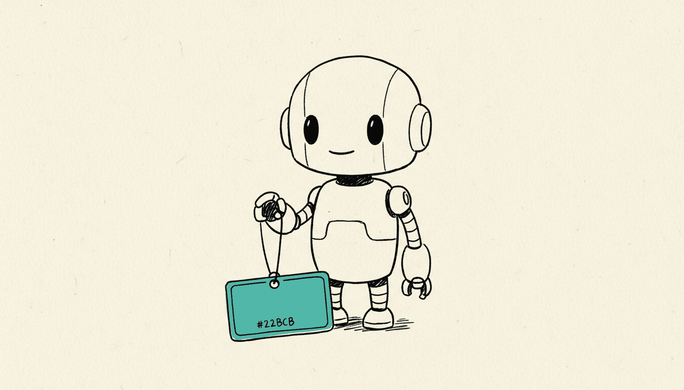 Boceto dibujado a mano: un pequeño robot sostiene una única etiqueta de licencia colgada de un cordel, la etiqueta está rellena en color turquesa.