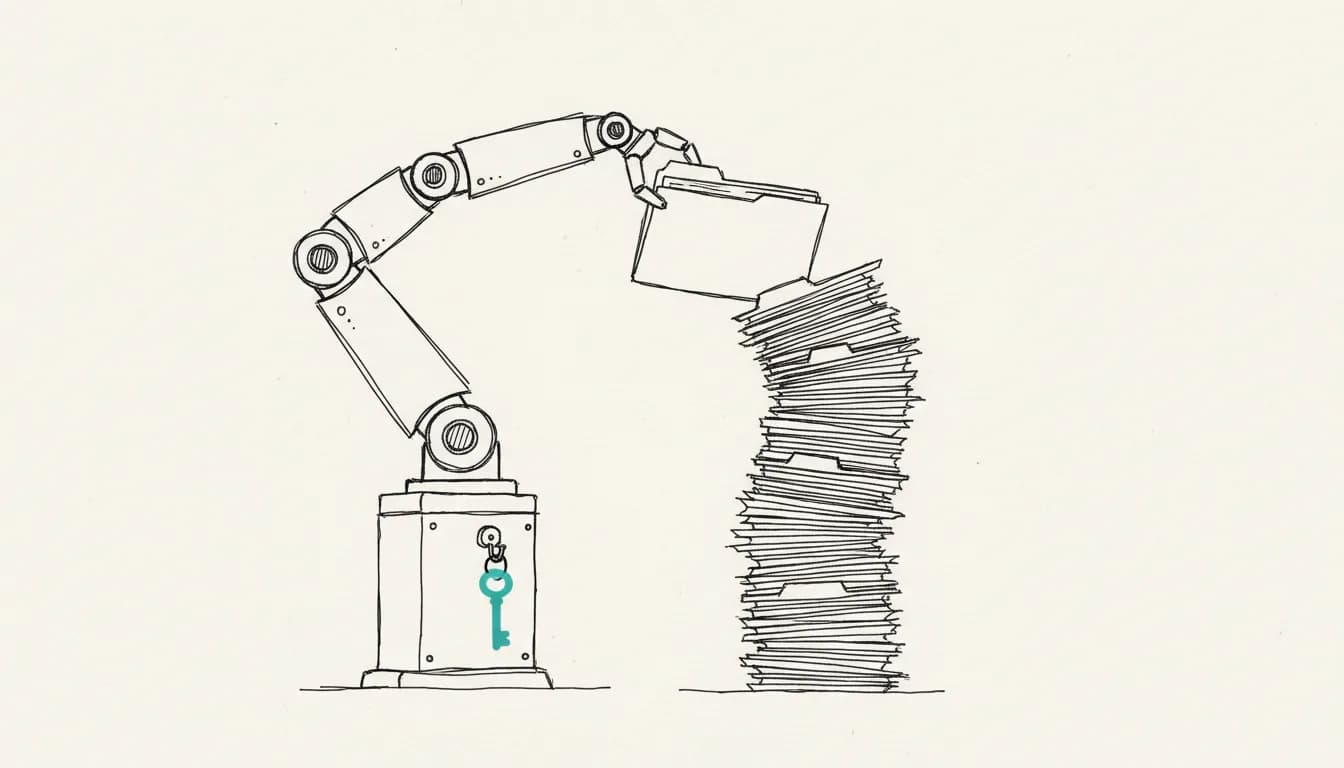 Handgezeichnete Skizze: ein Roboterarm stapelt Ordner zu einer Warteschlange, mit einem teal-farbenen Schluessel am Bedienfeld