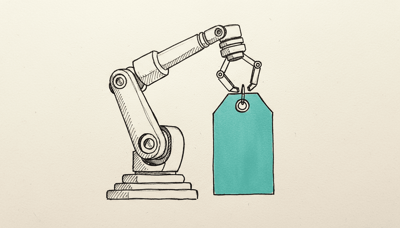 Hand-drawn sketch: A robot arm holding a large price tag, the price tag filled in teal.