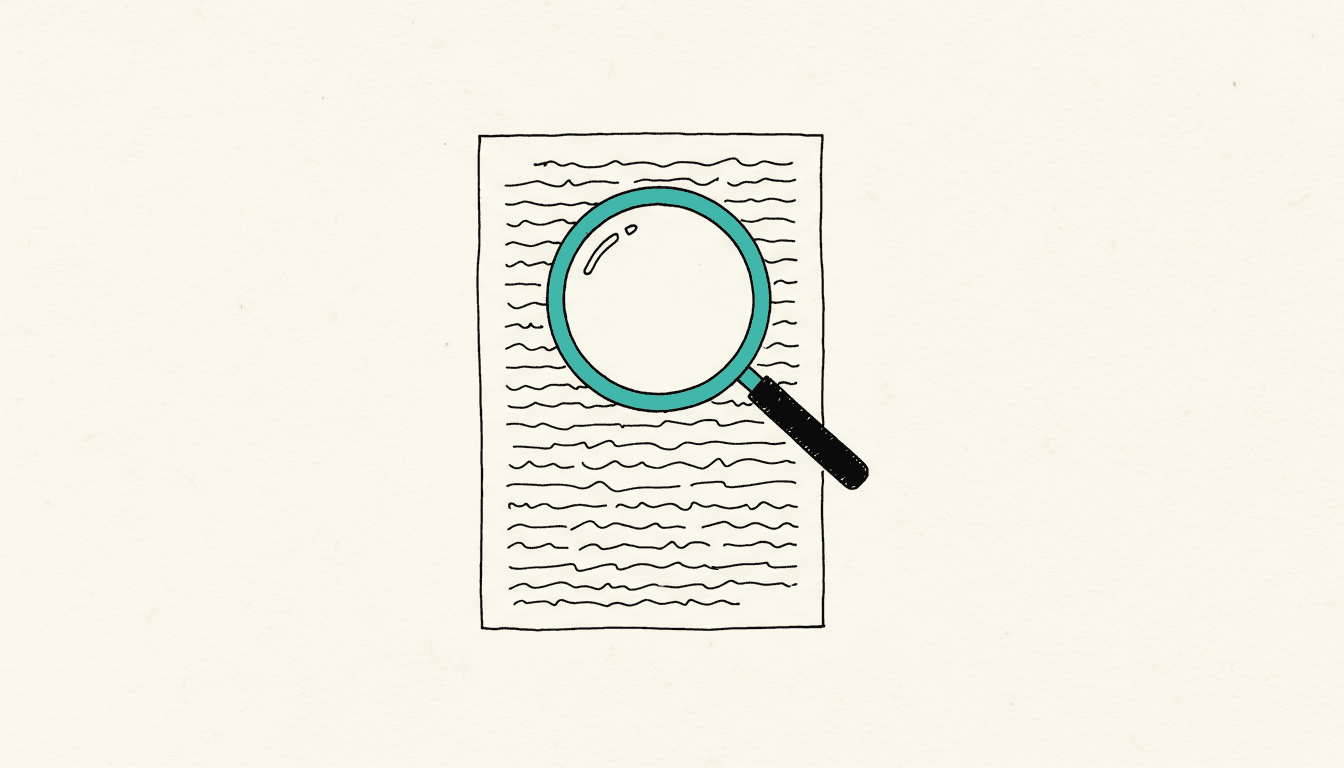 Hand-drawn sketch: A magnifying glass over a document with lines of text