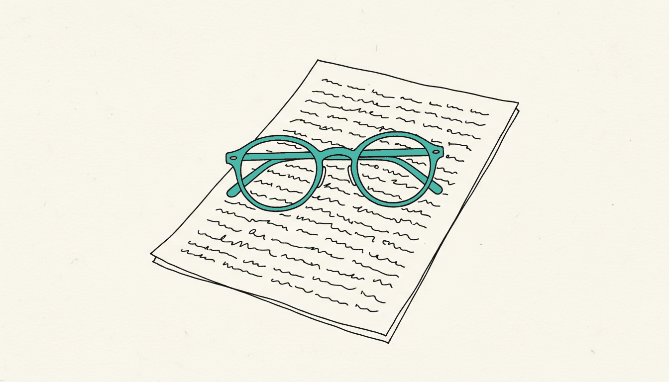 Croquis dessiné à la main : une paire de lunettes rend lisible un document avec des lignes de texte