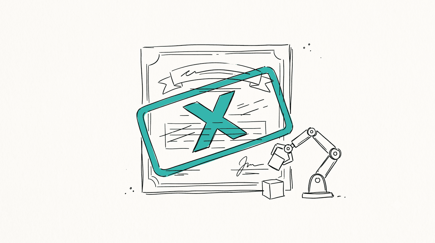 Hand-drawn sketch: a certificate with an expiry stamp, next to a robot arm that keeps working