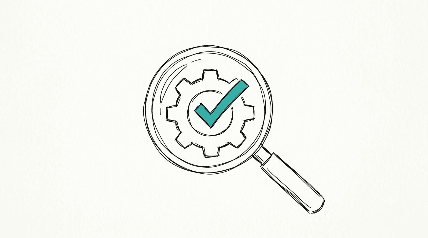 Sketch: a magnifying glass over a gear with a checkmark