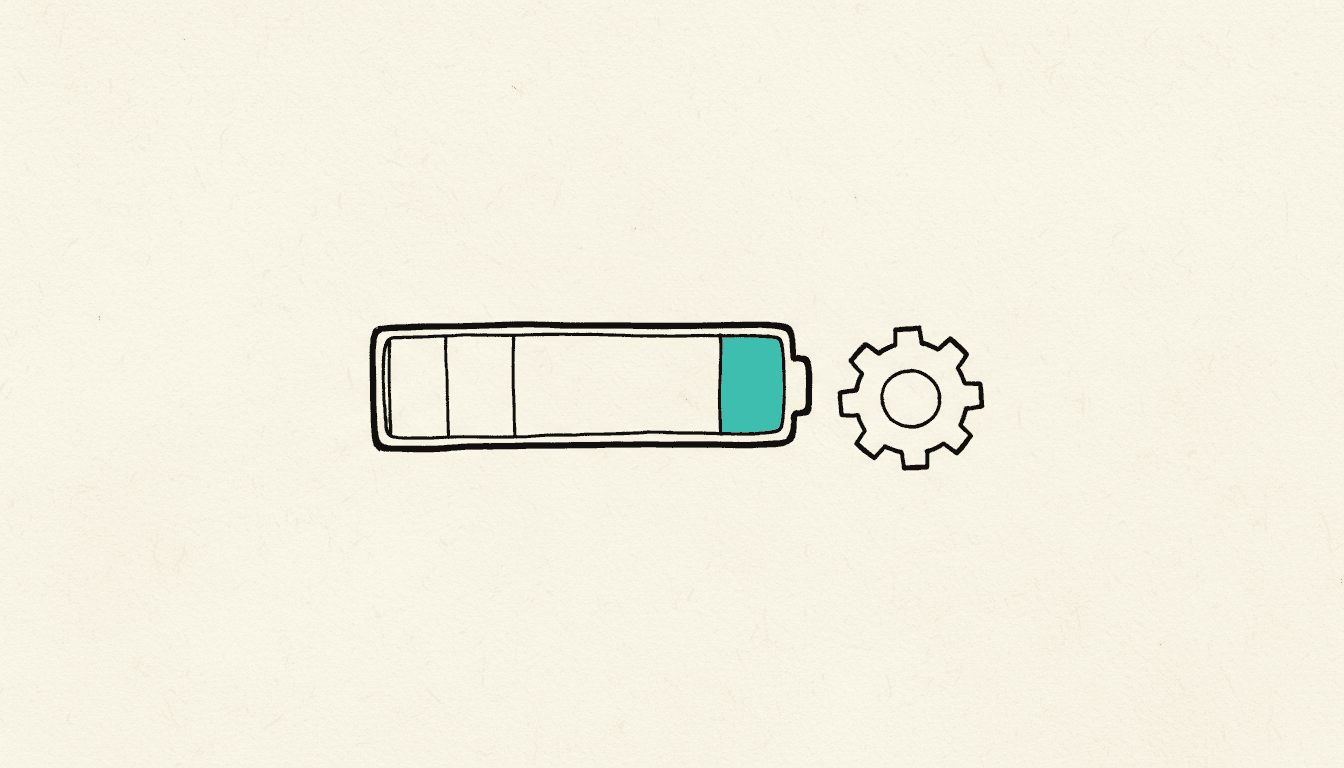 Handgezeichnete Skizze: eine fast leere Batterieanzeige neben einem Zahnrad, nur das letzte verbleibende Balkensegment ist türkis gefüllt.