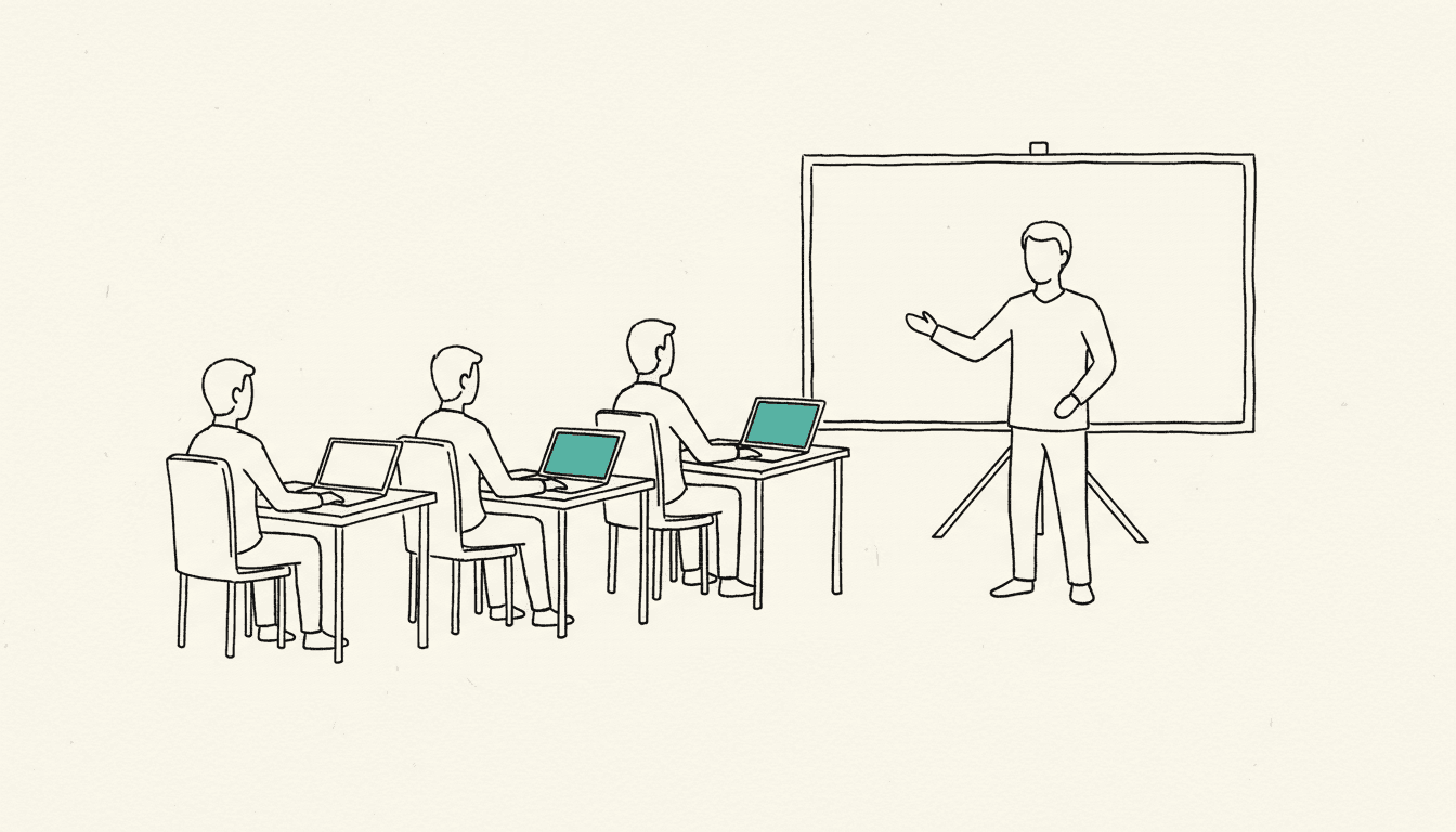 Handgezeichnete Skizze: Drei Personen an Schreibtischen mit Laptops, eine vierte zeigt auf eine leere Präsentationstafel, ein Laptop-Bildschirm ist türkis gefüllt.