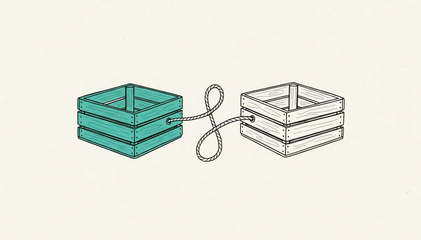 Hand-drawn sketch: two wooden crates connected by a rope, with one crate colored teal.