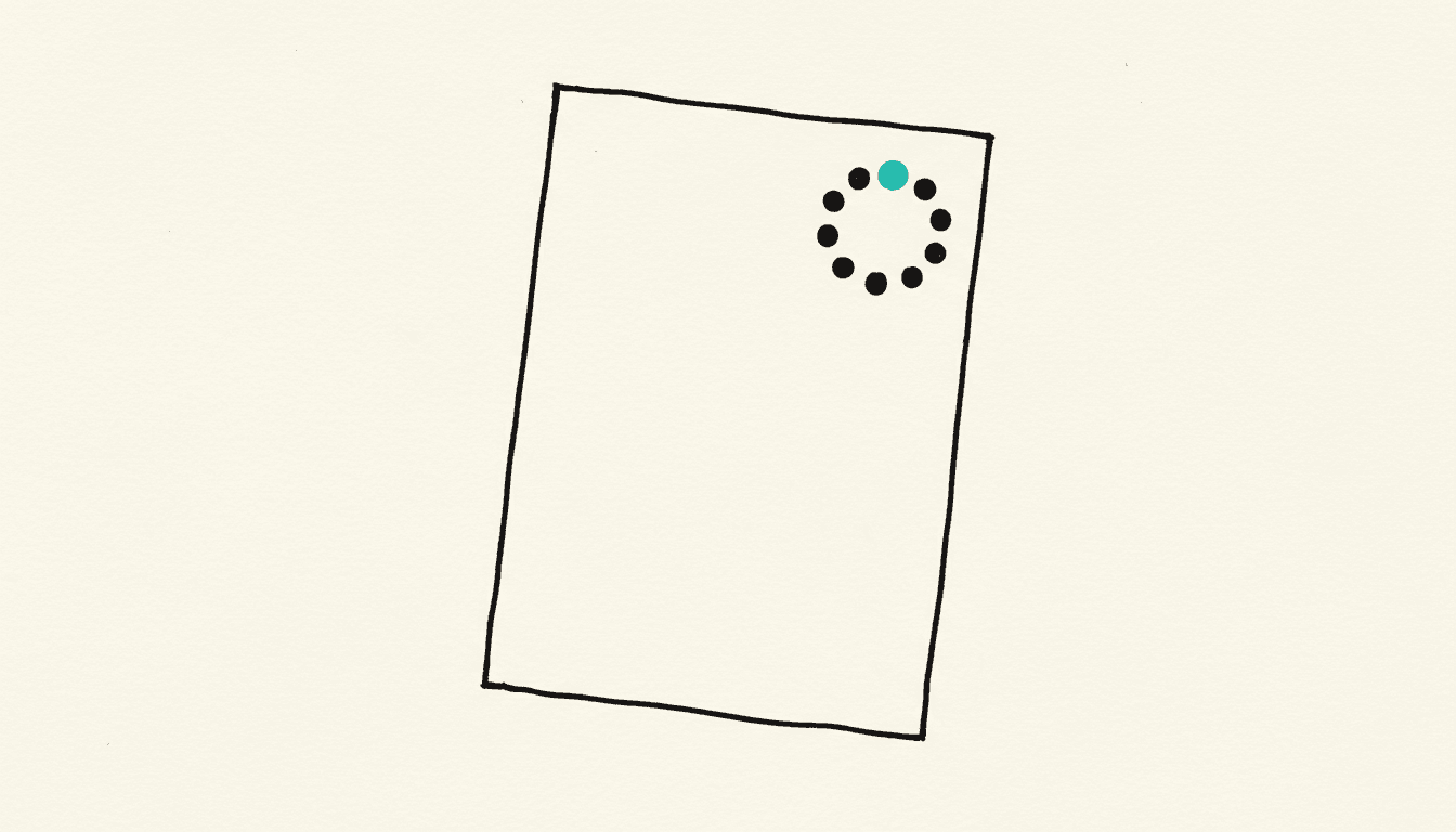 Hand-drawn sketch: a document with a ring of dots in the corner like a stamp