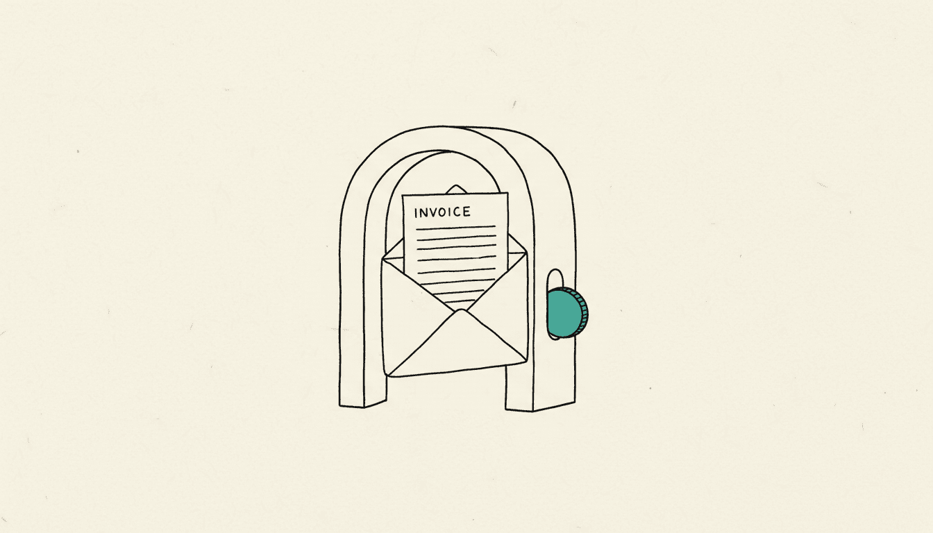 Hand-drawn sketch: an envelope with an invoice sheet peeking out passes through an open gateway arch while a teal coin drops into a slot on its side.