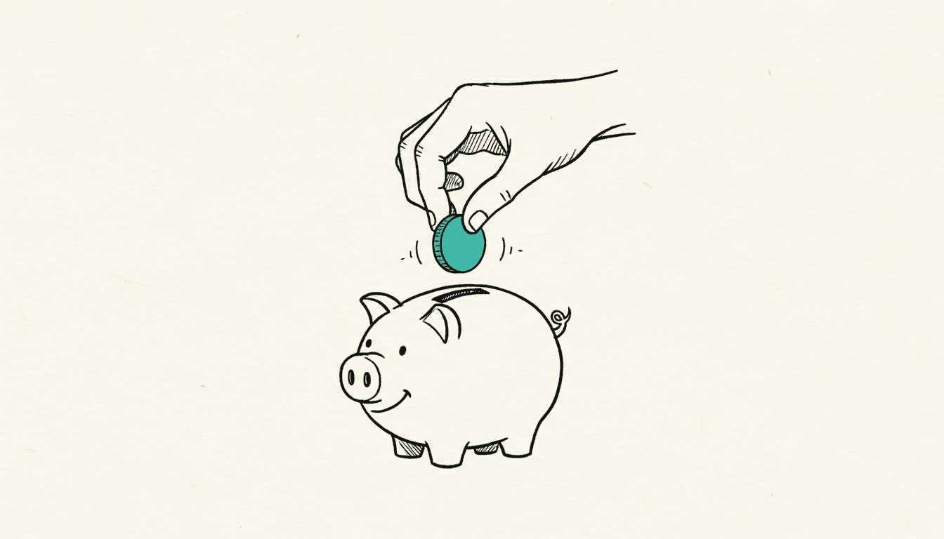 Boceto dibujado a mano: una mano sosteniendo una moneda sobre una alcancía