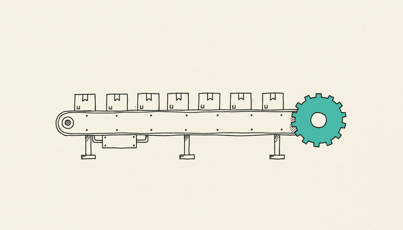 Hand-drawn sketch: a conveyor belt carrying boxes, driven by a gear