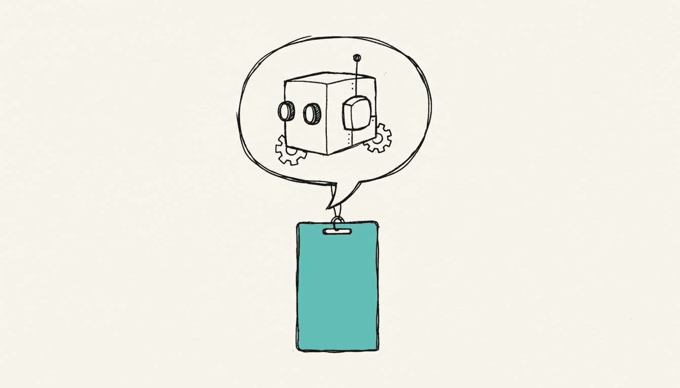 Croquis dessiné à la main : une bulle de dialogue contenant une petite tête de robot, avec une étiquette nominative suspendue