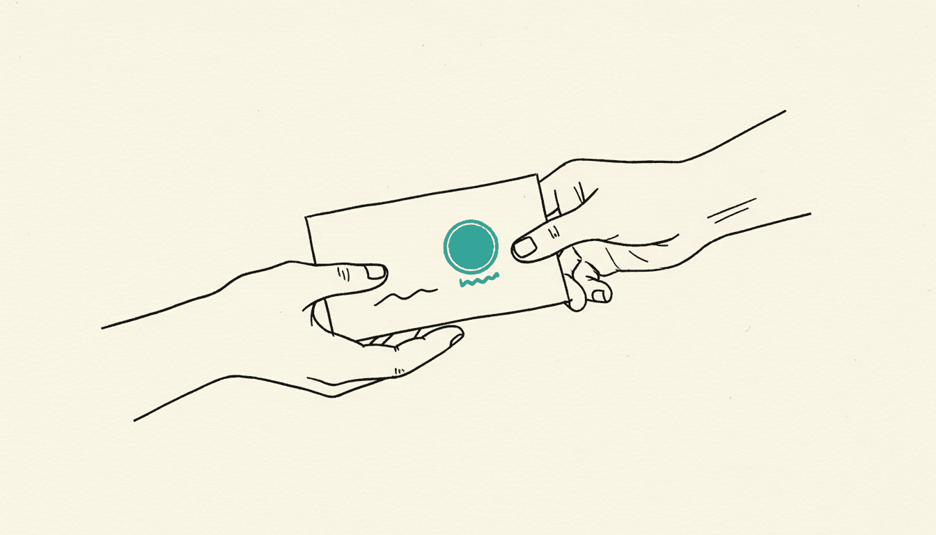 Hand-drawn sketch: one hand passes another hand a signed contract with a stamp