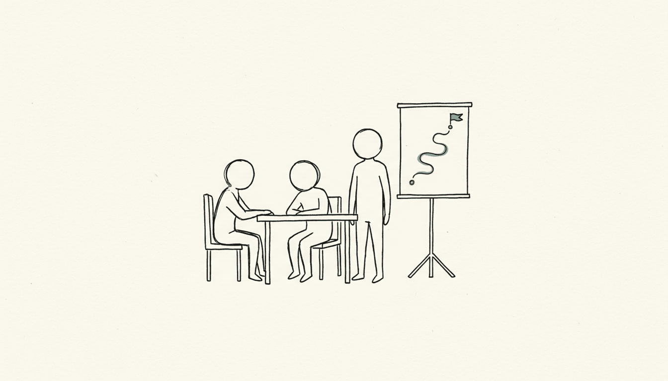 Handgezeichnete Skizze: Zwei Personen sitzen am Tisch, eine dritte steht an einem Flipchart mit einer geschwungenen Wegstrecke und einer kleinen Fahne am Ziel, die Fahne ist türkis gefüllt.