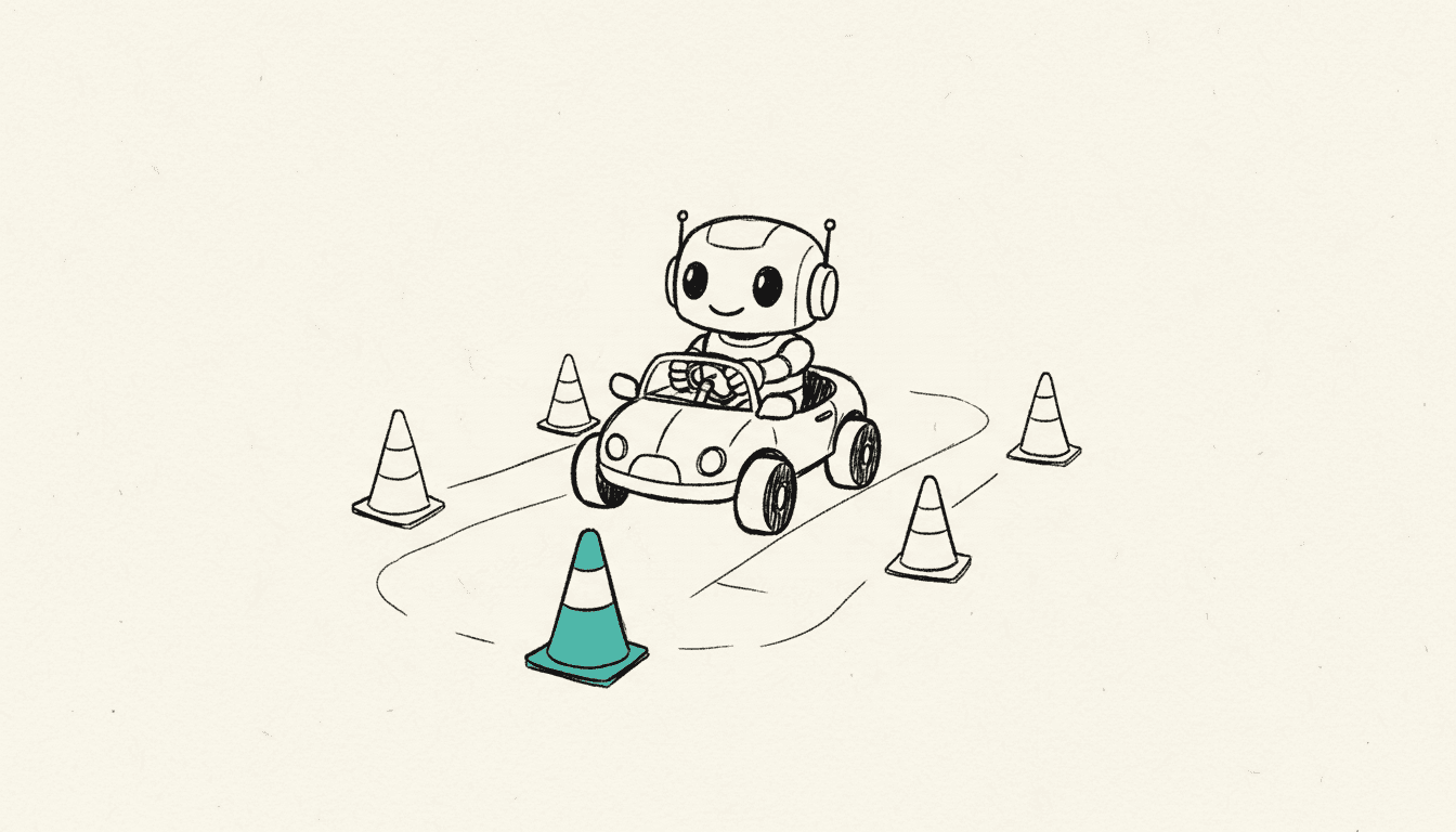 Elle çizilmiş eskiz: Küçük bir robot, konilerle işaretli sürüş alıştırma pistinde minik üstü açık bir arabada oturuyor, bir koni turkuaz dolgulu.
