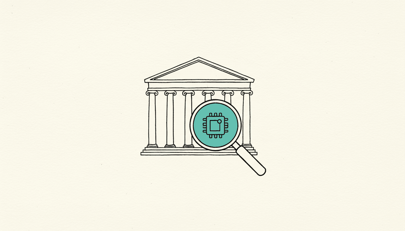 Hand-drawn sketch: a government building with a columned facade, with a magnifying glass with a teal lens in front of it inspecting a small chip.