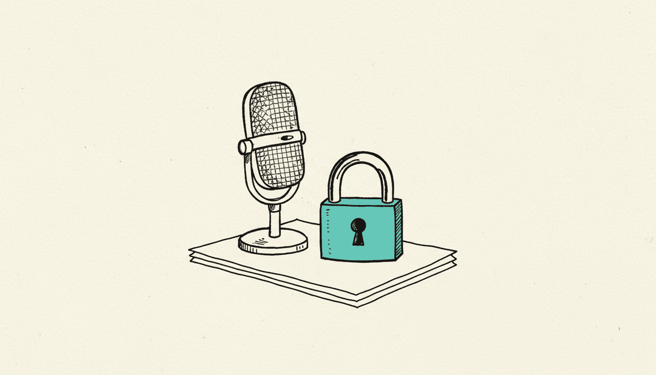 Hand-drawn sketch: a desk microphone beside a closed padlock resting on a thin stack of documents.