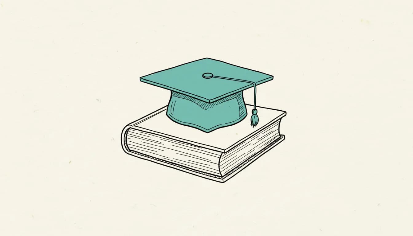 Hand-drawn sketch: a closed book with a graduation cap resting on top, the cap filled in teal.