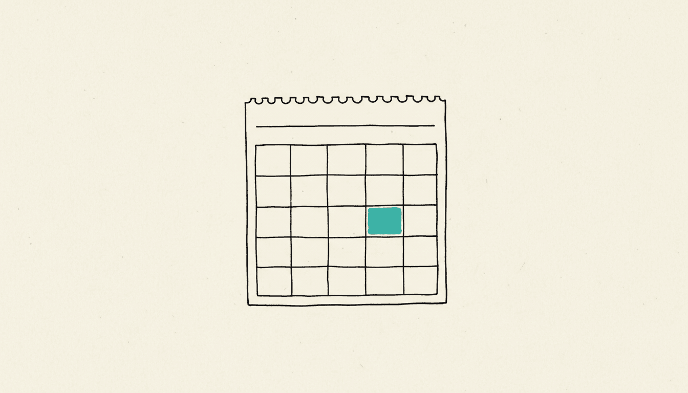 Boceto dibujado a mano: una página de calendario de pared con una sola franja horaria de cita marcada