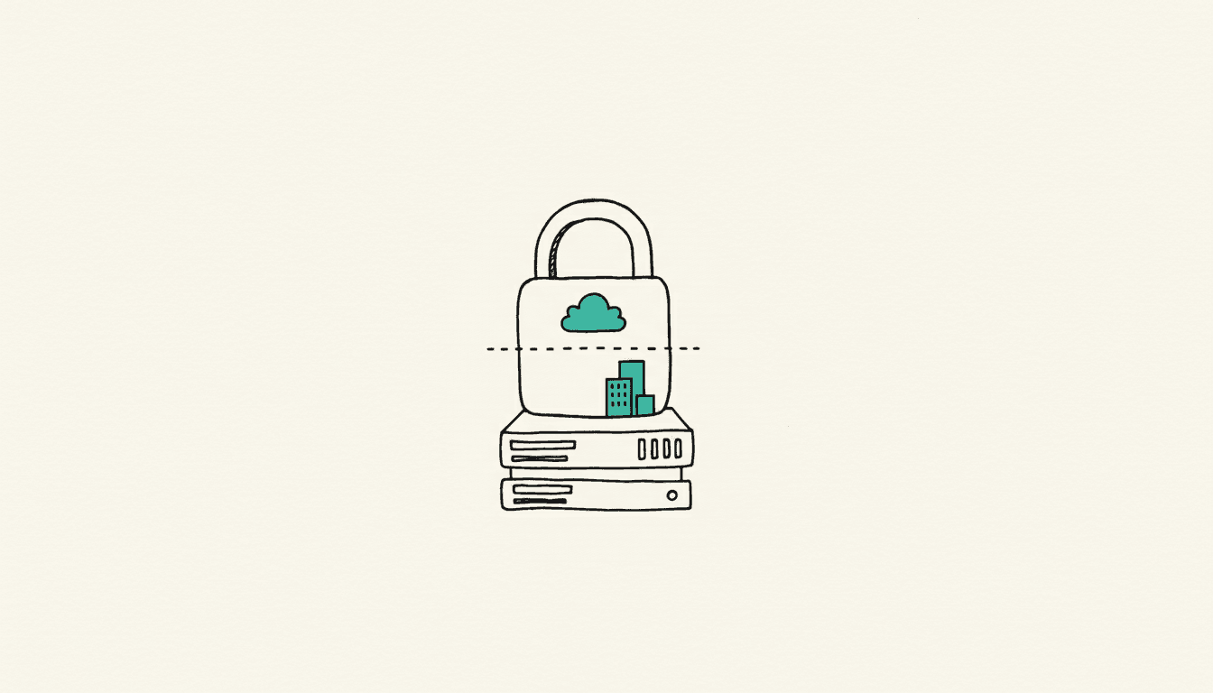 Hand-drawn sketch: a padlock on a server rack, split into a cloud icon and a data-center icon